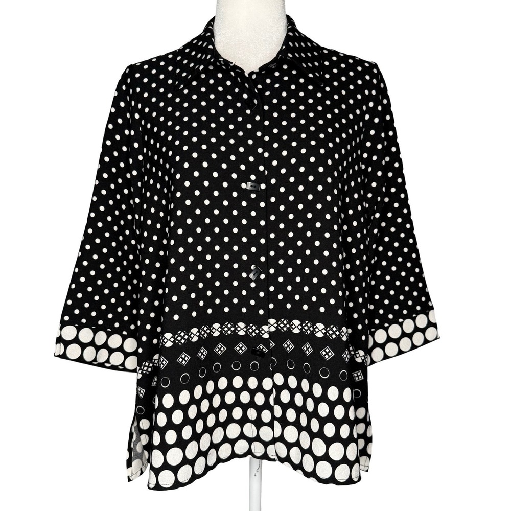 Ali Miles PM Black White Polka Dot Tunic Top Chopstick Buttons 3/4 Sleeves Arsty